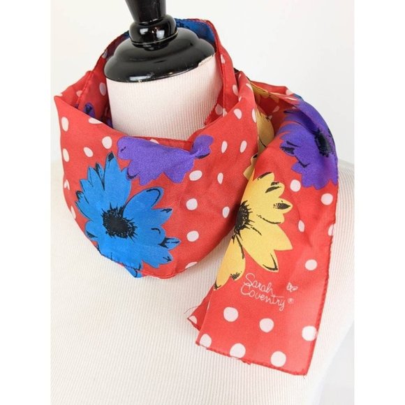 Vtg 1970s Silky Bold Red Purple Yellow Floral Print Rectangle Oblong Scarf - Picture 6 of 7